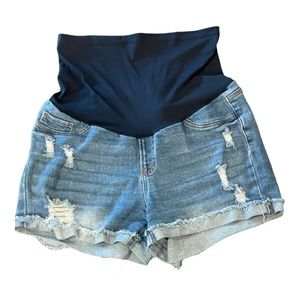 🔥🔥Song Maternity Denim Jean Shorts, Large, Distressed Stretch Blue